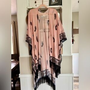 Pink Feather Print Kimono with Black Fringe
